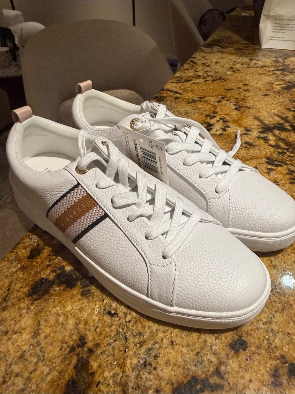 Brand New Ted Baker White Leather Low-Top Sneakers with Pink Accent